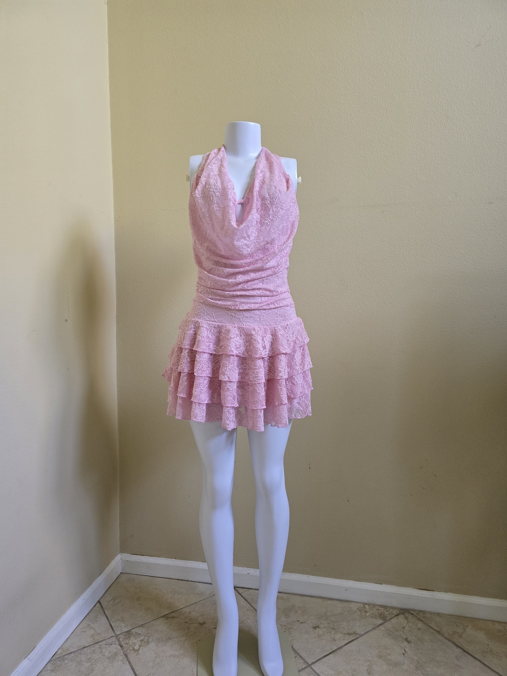 Pink Lace Halter Mini Dress with Ruffle Skirt